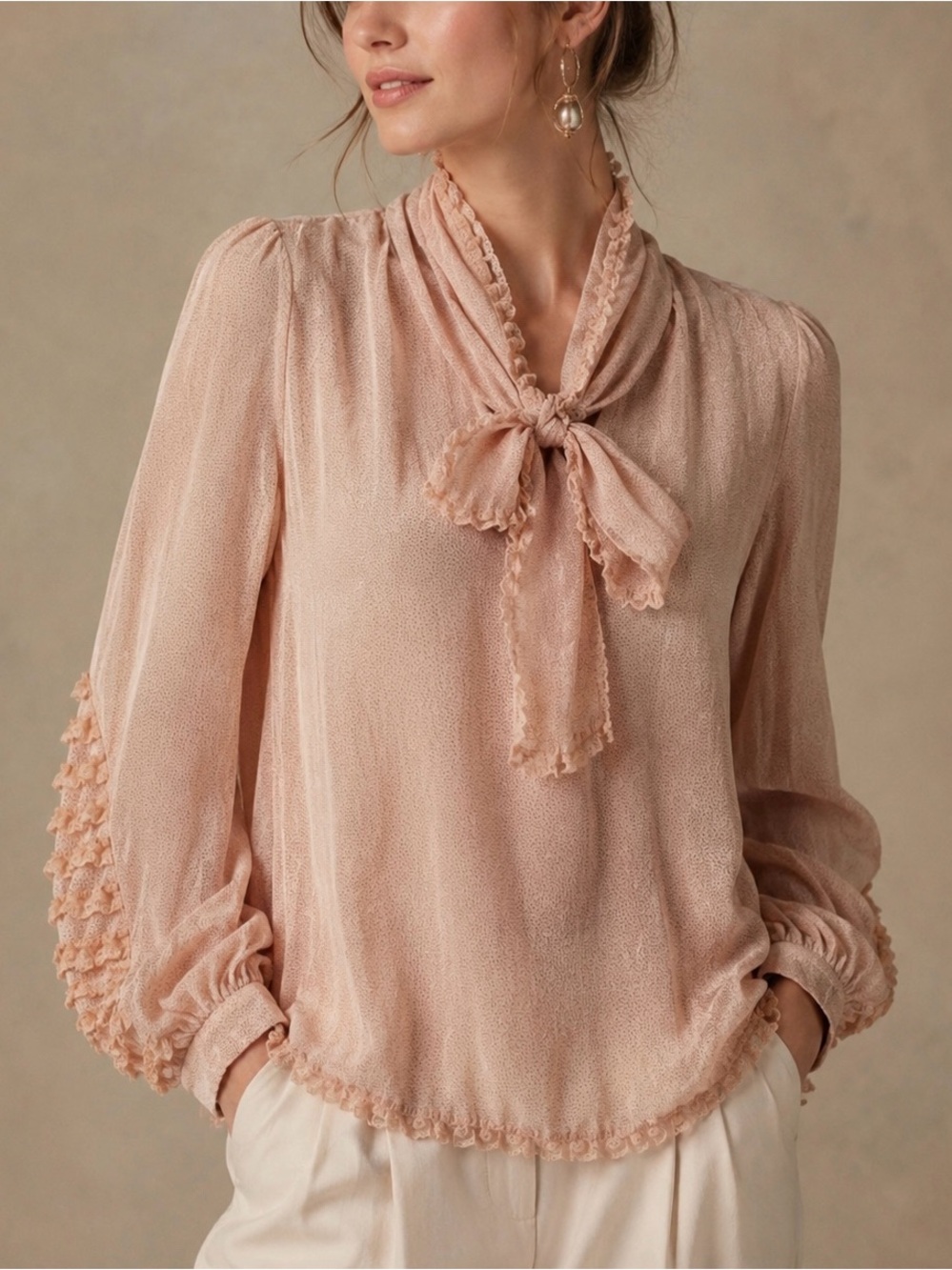 byTIMO Coquette Polka‎ Dot Lace Ruffle Tie Neck Blouse